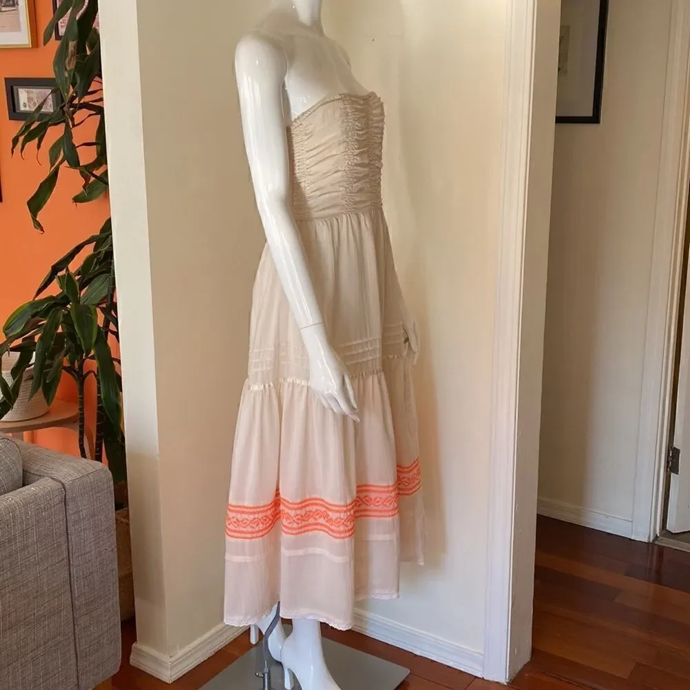 Free People Cream and Neon Orange Festival Peasant Dress Size Small